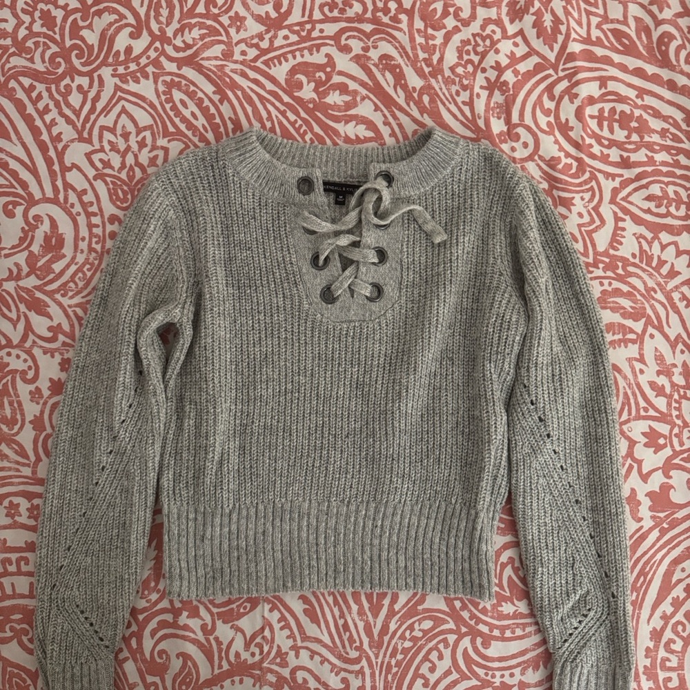 Kendall & Kylie Gray Lace-Up Sweater